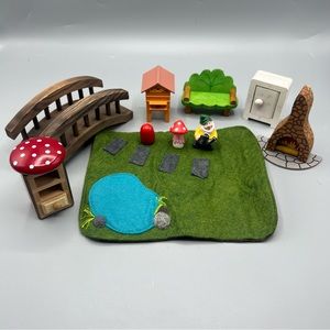Children’s Waldorf Fairy Garden Wooden Toy Set with Playmat